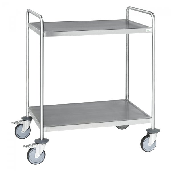 Servierwagen aus Edelstahl mit zwei Ablageflächen und Rollen