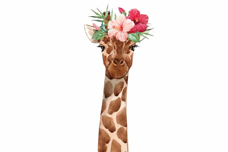 Wandbild Giraffe mit Blumenkranz Aquarell Illustration für Kinderzimmer