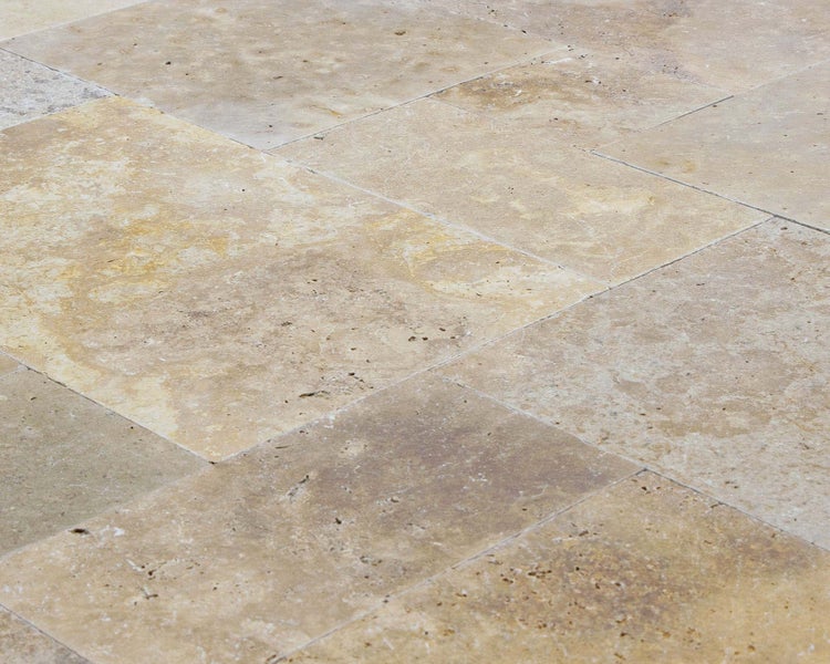 Wohnrausch Travertin Fliesen SUNLIGHT GOLD Römischer Verband 1,2 cm, getrommelt, gelb, beige