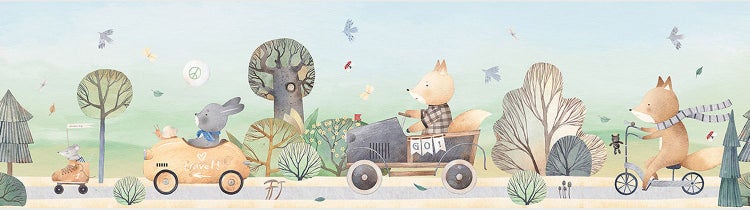 Tapetenbordüre für Kinder mit Waldtieren in Fahrzeugen wie Autos und Fahrrädern, verspielte Waldszene im Aquarell-Stil.