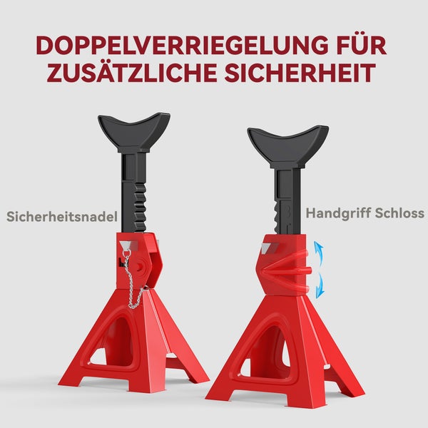 Zwei Unterstellböcke mit Doppelverriegelung durch Sicherheitsnadel und Handgriff-Schloss für zusätzliche Sicherheit.