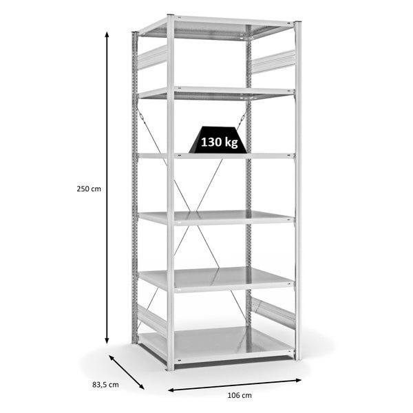PROREGAL Fachbodenregal Stecksystem T-Profil Light-Duty Grundregal HxBxT 250 x 100 x 80 cm 6 Ebenen Fachlast 130 kg Einseitig Nutzbar Lichtgrau