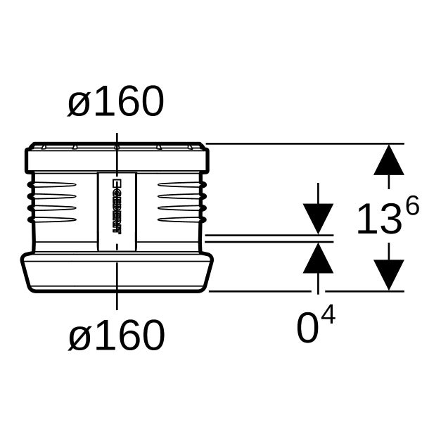 Technische Zeichnung einer Manschette mit Geberit Logo, Durchmesser 160 und Maßangaben 13,6 sowie 0,4.
