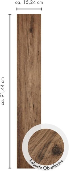 Bodenplanke in Holzoptik, Maße circa 15,24 mal 91,44 Zentimeter, Detailansicht der robusten Oberfläche.