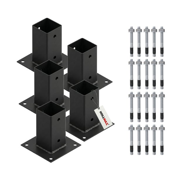 Fünf schwarze, quadratische Pfostenträger aus Metall inklusive 20 Bolzenankern. HOLLMAX Logo.