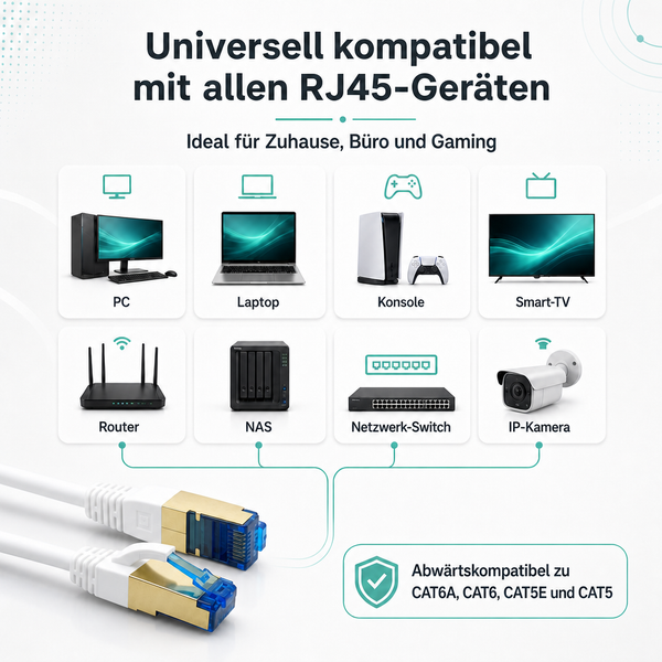 Weißes RJ45-Netzwerkkabel, kompatibel mit PC, Konsole, Router und Smart-TV, abwärtskompatibel zu CAT6A, CAT6, CAT5E und CAT5.