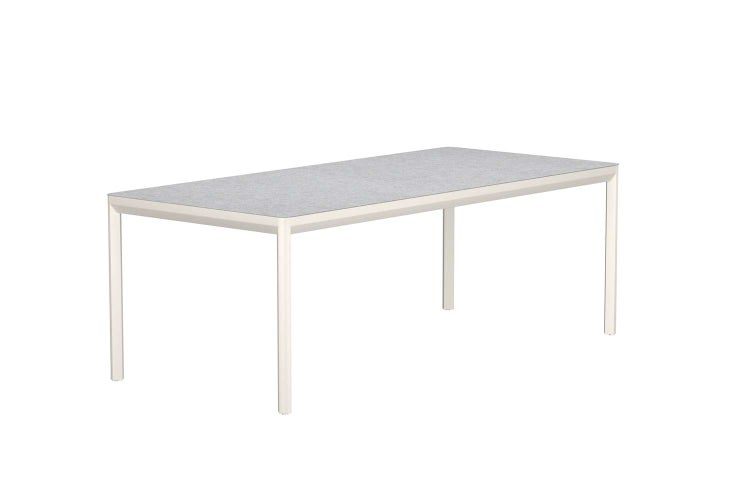 Rechteckiger Tisch mit grauer Tischplatte und hellem Gestell.