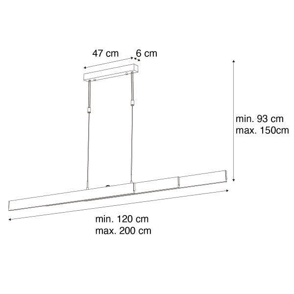 Technische Zeichnung einer Pendelleuchte mit den Maßen 47 cm Breite, 6 cm Höhe, minimal 93 cm und maximal 150 cm Abhängung sowie minimal 120 cm und maximal 200 cm Länge