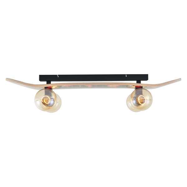 Skateboard-Deckenleuchte aus Holz mit zwei bernsteinfarbenen Glühlampen und schwarzer Metallhalterung.