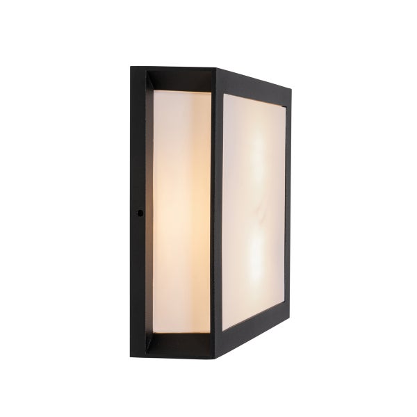 Rechteckige schwarze Außenwandleuchte mit weißem Diffusor und modernem Design.
