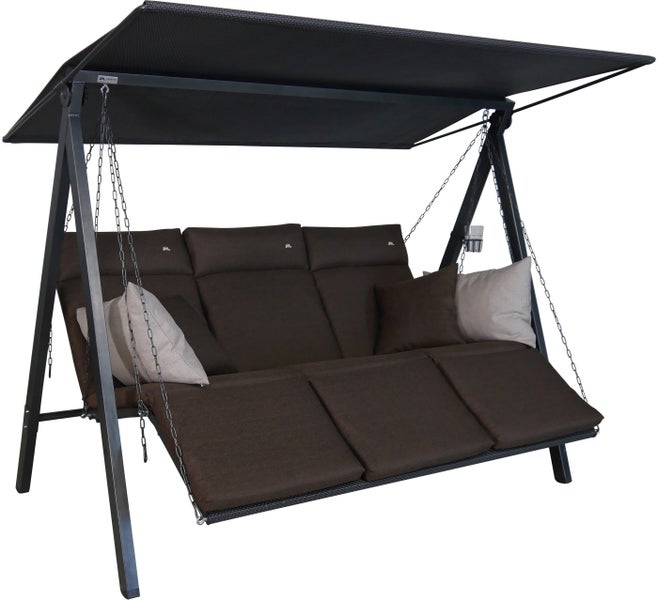 Gartenschaukel mit Dach, braunen Kissen und Metallgestell