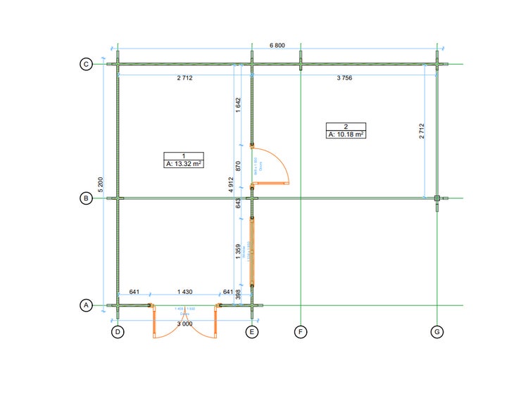 Technischer Grundriss eines Gartenhauses mit zwei Räumen, detaillierten Maßangaben in Millimetern und Einzeichnungen für Türen und Fenster.