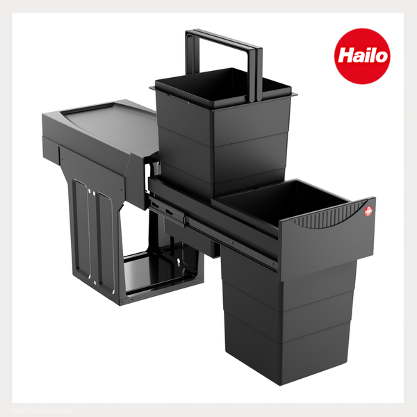 Schwarzes Hailo Abfalltrennsystem mit zwei ausziehbaren Mülleimern und Ablagefläche. Hailo Logo.