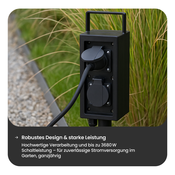 Schwarze Gartensteckdose mit zwei Steckplätzen und Kabel