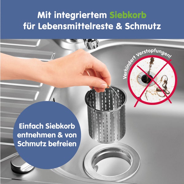 Herausnehmbares Siebkörbchen aus Edelstahl für den Spülbeckenabfluss zum Auffangen von Speiseresten und Schmutz.