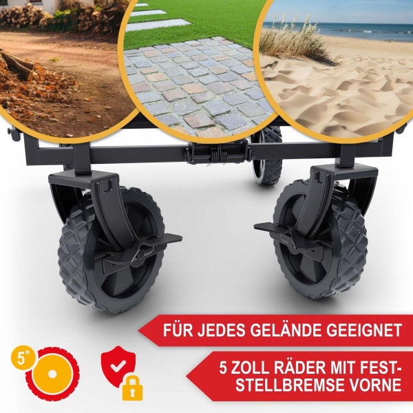 Geländegängige 5 Zoll Kunststoffräder für Bollerwagen mit Feststellbremse vorne, geeignet für Waldwege, Pflastersteine und Sand.