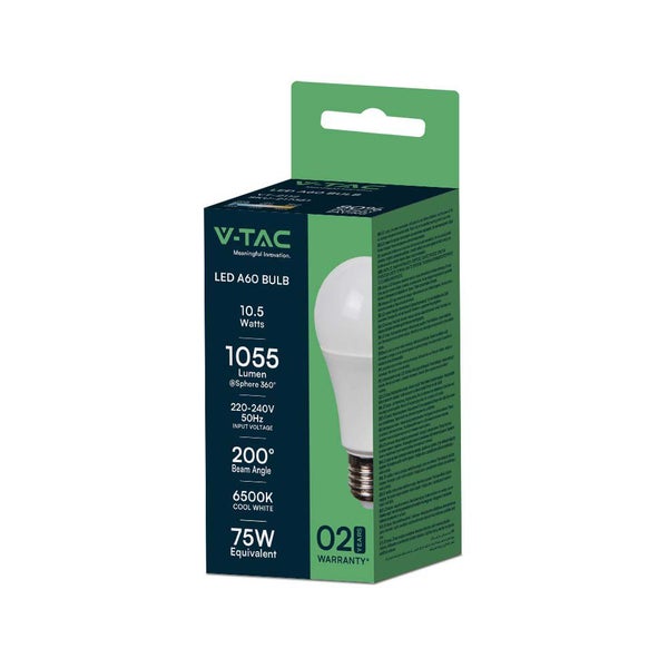 V-TAC LED-Leuchtmittel A60, 10,5 Watt, 1055 Lumen, 6500 Kelvin kaltweiß, entspricht 75 Watt, zwei Jahre Garantie.