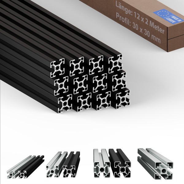 Aluminiumprofile in einem Stapel mit Verpackung; Länge zwölf mal zwei Meter, Profil dreißig mal dreißig Millimeter; Made in Europe Siegel