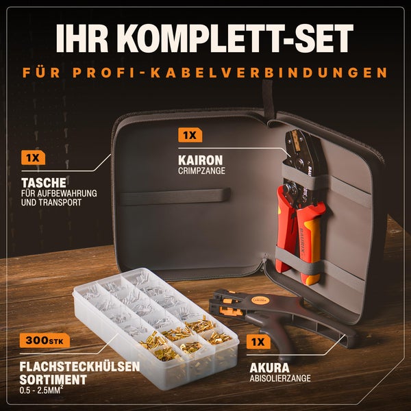 BAURIX® Crimpzange inkl. 300 Stück Flachsteckhülsen Set und Abisolierzange I Krimpzange für 0,50-2,50 mm² Steckverbinder I Crimpzangen Tool, Crimp Zange, Flachsteckhülsenzange, Crimpwerkzeug