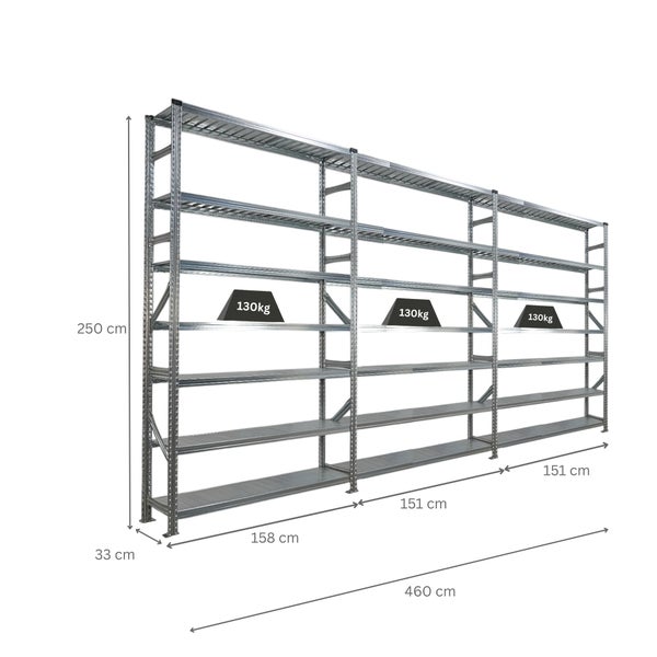 Metallregal mit mehreren Ebenen und einer Traglast von 130 Kilogramm pro Ebene