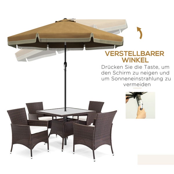 Outsunny Sonnenschirm, Terrassenschirm mit Fransen, neigbarer Strandschirm mit 8 Rippen, für Garten, Balkon, Ø265 cm, Polyester, Stahl, Khaki