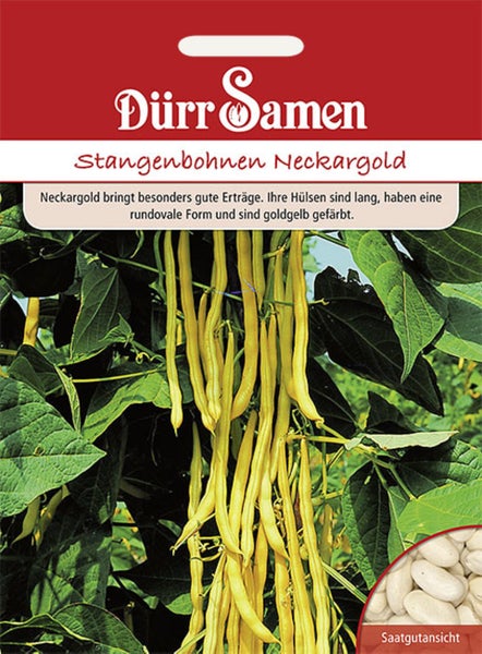Dürr Samen Logo, Samentüte für Stangenbohnen Neckargold mit Abbildung gelber Bohnenhülsen und weißer Samen.