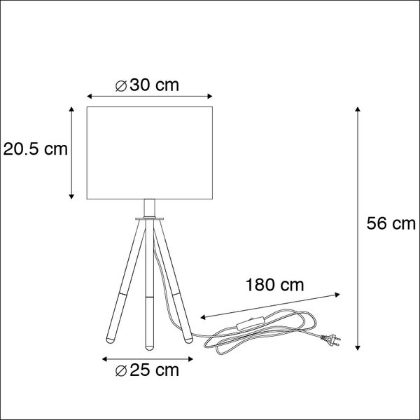 Technische Zeichnung einer Tischlampe mit Stativfuß und Maßen von 56 Zentimeter Gesamthöhe und 30 Zentimeter Schirmdurchmesser.