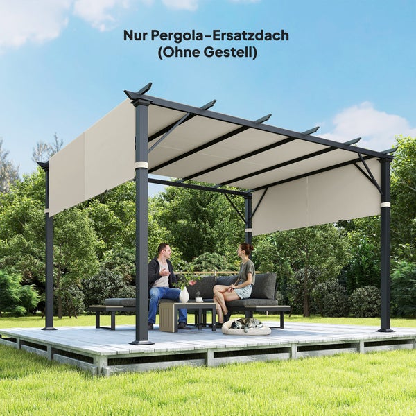 Beige Stoff-Ersatzdach für eine Pergola, dargestellt auf einem dunklen Gestell in einem Garten mit modernen Lounge-Möbeln.