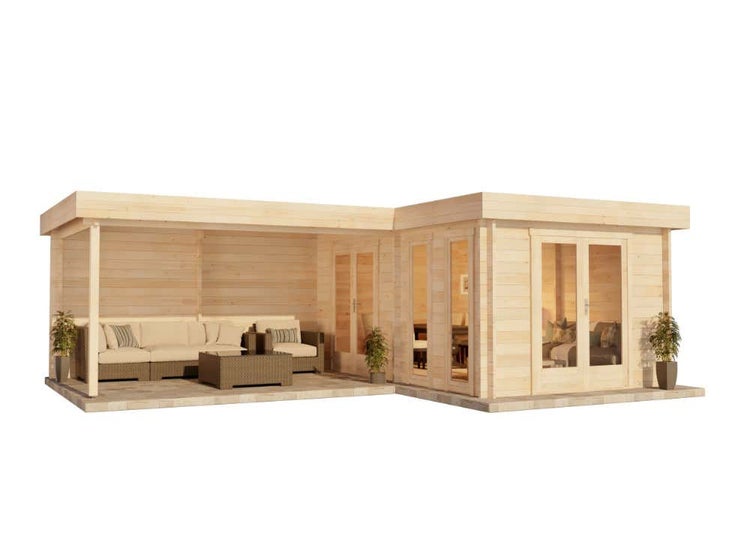Alpholz Flachdach Gartenhaus Quinta ISO Gartenhaus aus Holz in Pinie, Holzhaus mit 70 mm Wandstärke inklusive Schleppdach FSC zertifiziert, Blockbohlenhaus mit Montagematerial imprägniert 7x5m