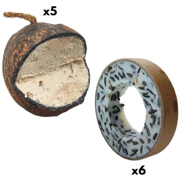 Vogelfutter, 6 Meisenringe + 5 Kokosnüsse Klassik V-Cut für freilebende Vögel