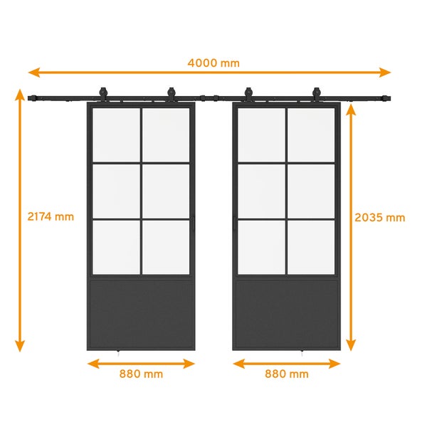 Loftschiebetür Doppelflügelig 1760x2035mm Klarglas Stahl in schwarz, Komplettset