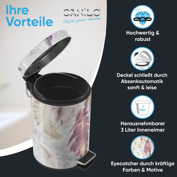 Treteimer mit Federmotiv und drei Liter Fassungsvermögen