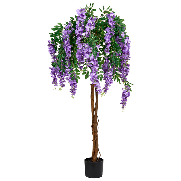 Künstlicher Blauregen Baum mit violetten Blüten, grünem Laub und Holzstamm im schwarzen Kunststofftopf.