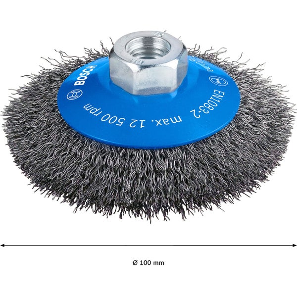 Drahtbürste mit einem Durchmesser von 100 Millimetern und Bosch Logo