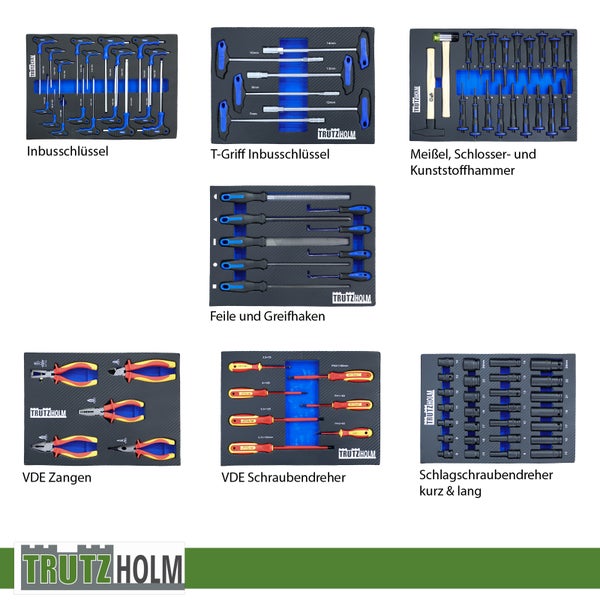 Trutzholm Werkzeugsets in Schaumstoffeinlagen mit Inbusschlüsseln, Hämmern, Meißeln, Feilen, VDE Zangen, VDE Schraubendrehern, Nüssen und Trutzholm Logo.