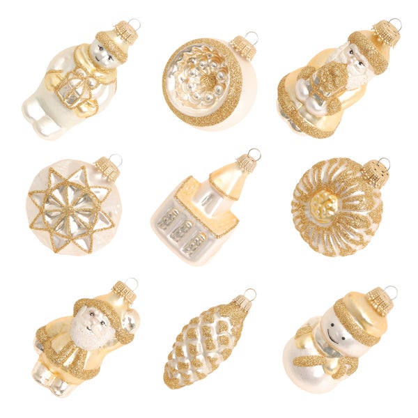 Goldfarbiges Formen- & Figuren-Sortiment 6-8cm, 9-teilig, Glasornamente, mundgeblasen, handbemalt, 9 Stck., Weihnachtsbaumkugeln, Christbaumschmuck, Weihnachtsbaumanhänger