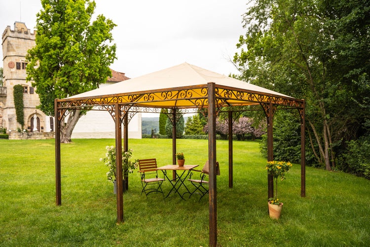 Pavillon ELEO Palermo 4 x 4 m unbeschichtet - Edelrost | mit Sonnensegel ecru