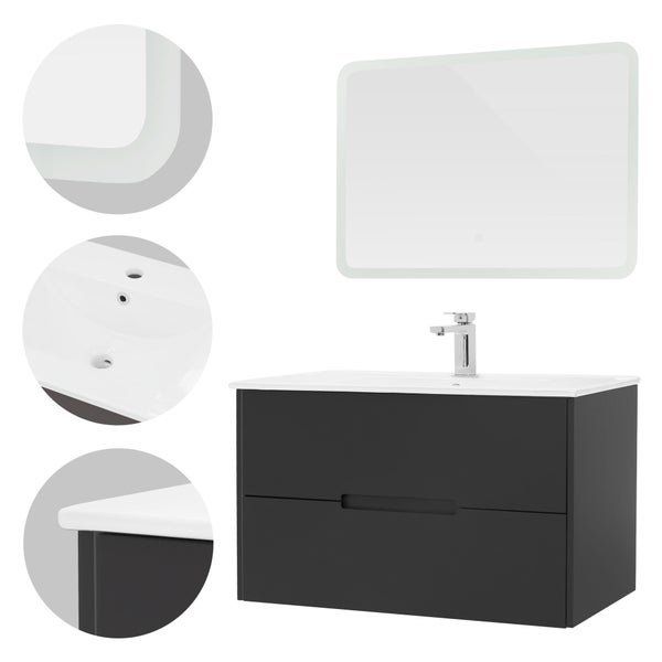 ML-Design Badmöbel-Set 3-teilig, Grau, LED-Spiegel mit Touchschalter 90x60 cm, Unterschrank 89x45x52,5 cm, MDF, Grau, Waschbecken 91,5 cm, Waschtisch Keramik, modern, Badezimmermöbel, viel Stauraum