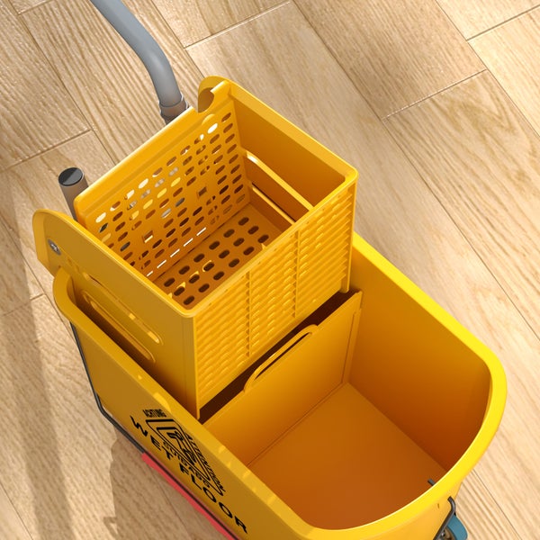 Professioneller Reinigungswagen mit Wischmop Presse und integriertem Eimer für die Bodenreinigung auf einem Holzboden