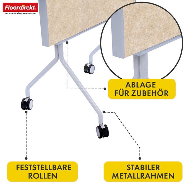 Detailansicht eines Tisches mit feststellbaren Rollen, stabilem Metallrahmen und Ablage für Zubehör