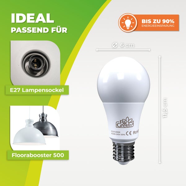 Bio Green LED-Leuchtmittel für E27-Sockel, Floorabooster 500, Durchmesser 6 Zentimeter, Länge 11,5 Zentimeter, bis zu 90 Prozent Energieeinsparung.