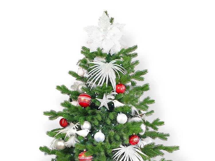 Weihnachtsbaum geschmückt mit Christbaumkugeln, Sternen, Kunstblumen und Vogelornamenten als festliche Weihnachtsdekoration.