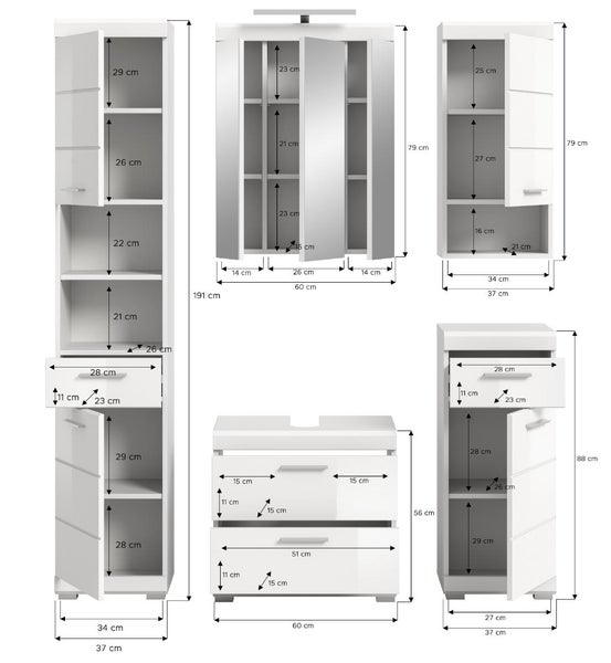 Detaillierte Maßzeichnung eines weißen Badezimmermöbel-Sets mit Hochschrank, Spiegelschrank, Waschbeckenunterschrank und Beistellschränken.