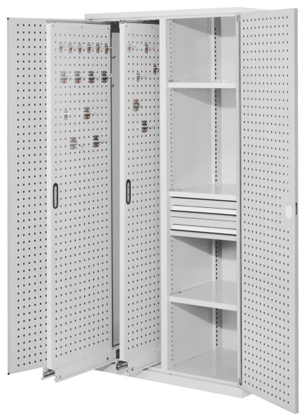 Werkstattschrank mit Lochblechtüren, Regalböden und Schubladen