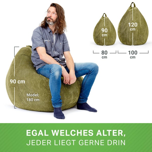 Green Bean Indoor Sitzsack 90x110cm EPS-Perlen Füllung & Cordstoff Kuschelig Weich Waschbar - Drinnen Bodenkissen Liegekissen Sitzkissen Sitzhocker Relax-Sessel Kinder Erwachsene Stoff Grün