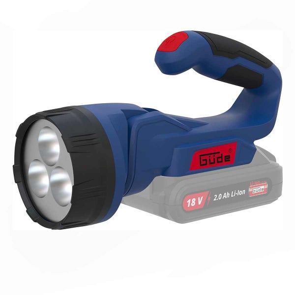 Blaue und schwarze Güde Akku-Taschenlampe mit drei Leuchtdioden und 18 Volt Lithium-Ionen-Akku mit 2,0 Amperestunden.