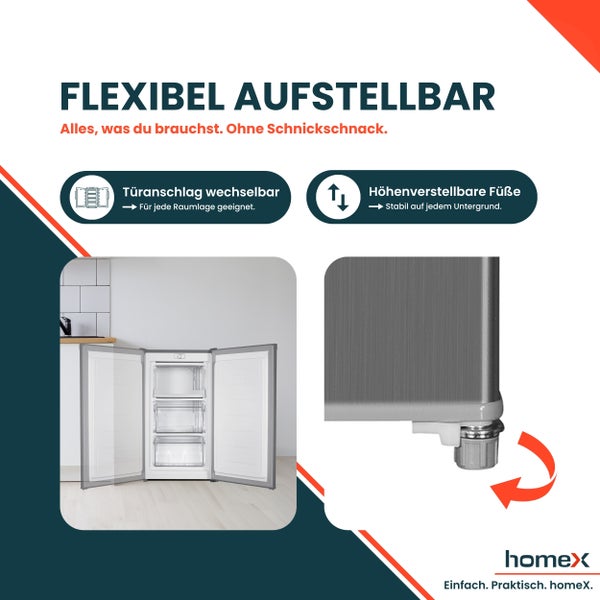 Produktbild mit Informationen zur flexiblen Aufstellbarkeit eines Kühlschranks, inklusive wechselbarem Türanschlag und höhenverstellbaren Füßen.