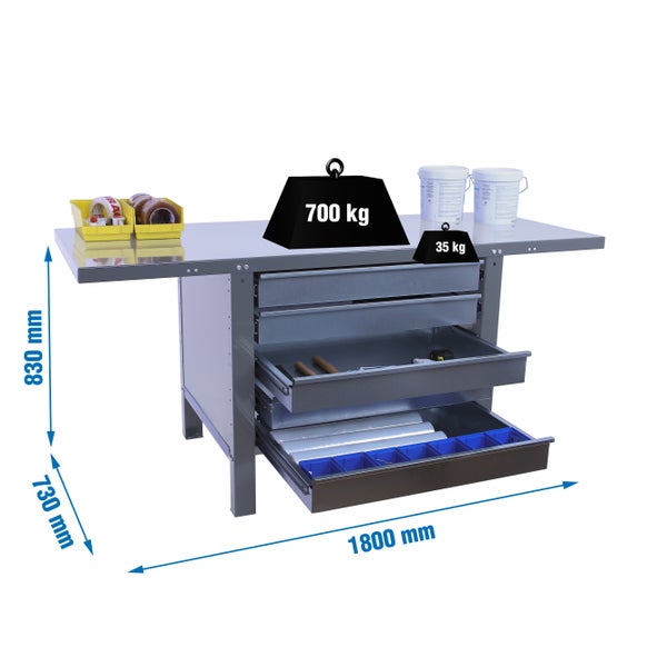 Werkbank BUFFALO METAL mit 5x Schublade | HxBxT 83x180x73cm | Traglast 700kg | Grau