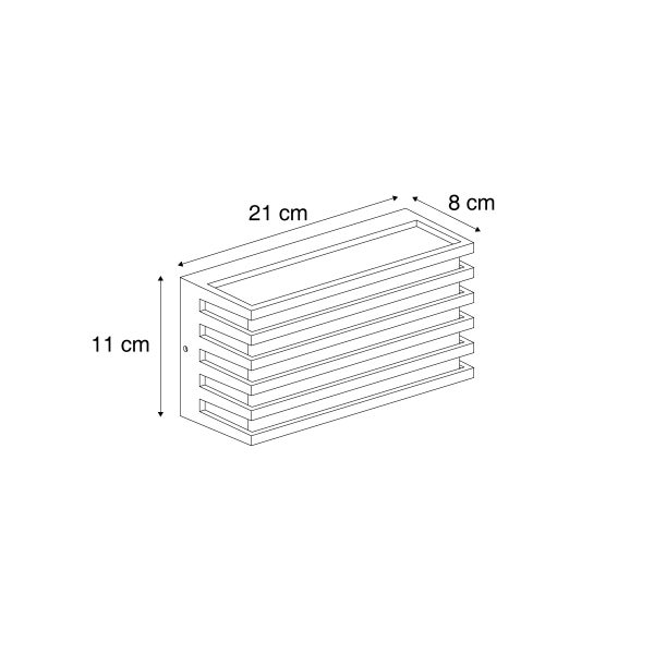 Technische Zeichnung einer rechteckigen Wandleuchte mit Lamellen, Maße 21 Zentimeter breit, 11 Zentimeter hoch und 8 Zentimeter tief.