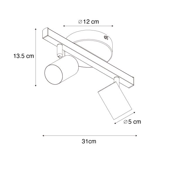 Technische Zeichnung einer Deckenleuchte mit zwei Strahlern und Maßangaben